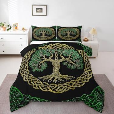 Imagem de Erosebridal Conjunto de edredom viking retrô viking árvore da vida verde para crianças, adolescentes e adultos, 2 fronhas