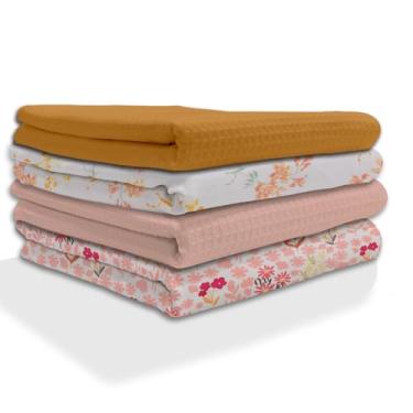 Imagem de IXORA DECOR Conjunto de 4 toalhas de cozinha 100% algodão | 2 panos de prato de trama waffle tingidos sólidos e estampa floral toalha de cozinha e mesa | Guardanapos multiusos super absorventes | 127