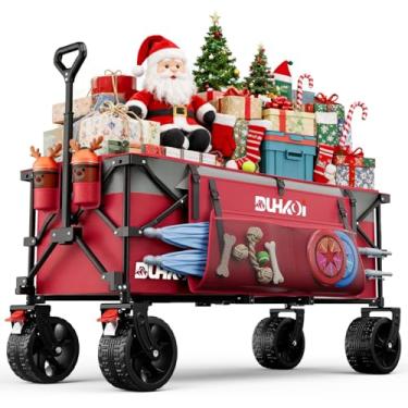 Imagem de Vagão estendido dobrável de 124,5 cm de comprimento com capacidade de peso de 226,8 kg, vagão esportivo resistente de 300 L, rodas grandes com suportes de copo, carrinho para esportes, compras, (rosa