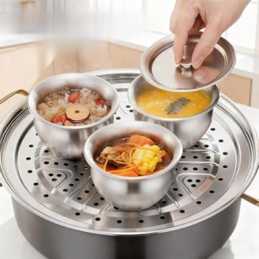 Imagem de Tigela de aço inoxidável para ovos cozidos no vapor, arroz, frutas, salada, guisado, tigelas, com tampas, copo de sopa, recipiente para alimentos, utensílios de cozinha (1 peça)