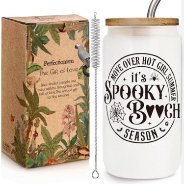 Imagem de Halloween Cup It's Spooky Girl Season Gifts for Friend, Fall Gifts, Halloween Coworker Bats Cup, Halloweens Cups Gift for Best Friend, Spooky Season Mug 473 ml Copos de vidro com tampa de bambu e