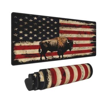Imagem de CANFLASHION Tapete de mouse com bandeira americana, tapete de mesa de escritório 80 x 28 cm, mouse pad grande para jogos com design de bisão, GG estendido à prova d'água para computador com base de