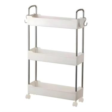 Imagem de Prateleira Multiuso com 3 Andares, Móvel Organizador Branco com Rodízios, Estrutura em Metal, Bandejas Plásticas para Banheiro, Cozinha e Lavanderia