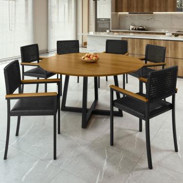 Imagem de Conjunto Sala de Jantar Mesa Redonda Coliseu 150cm com 6 Cadeiras Madri Preto/Cinamomo