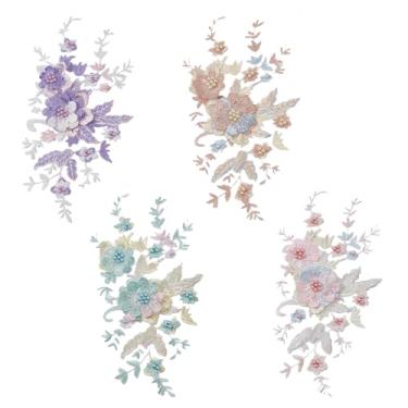 Imagem de letsinstyle 4 peças de tecido floral 3D com apliques de renda pérola com contas, aplique de bordado costurado com pérola, enfeites de renda, adesivos de costura para conserto de roupas de casamento