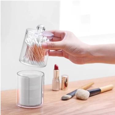 Imagem de Porta Cotonete e Algodão Acrílico Transparente – Organizador Empilhável com 2 Compartimentos, Tampa com Pegador, Ideal para Banheiro, Penteadeira e Cuidados Pessoais*
