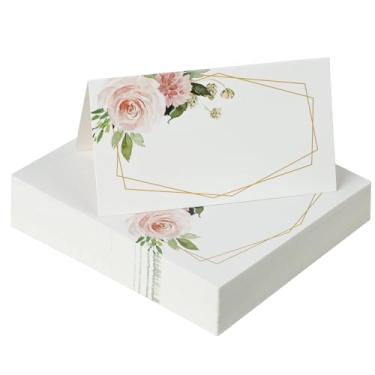Imagem de Uniclife 60 cartões de papel para mesa, 8,9 cm x 5 cm (dobrados), cartões de assento de flores rosas em aquarela, cartões de nome de barraca de mesa florais para mesa de mesa, etiquetas de alimentos
