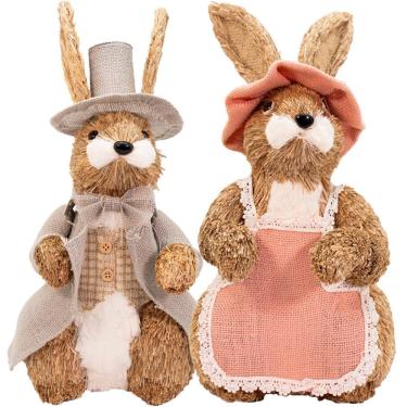 Imagem de Casal De Coelhos De Páscoa Rústico Decoração Palha Artesanal