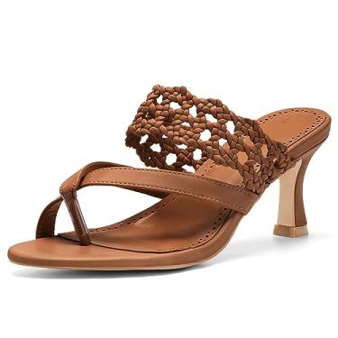 Imagem de Coutgo Sandália feminina de salto baixo de gatinho com bico aberto, tira no tornozelo, tanga deslizante sem costas nuas, Marrom, 40