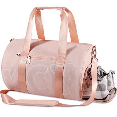 Imagem de KCY Bolsa de ginástica esportiva com bolso molhado e compartimento para sapatos para mulheres e homens, bolsa esportiva pequena para ioga, beisebol, acampamento, viagem, impermeável, leve, rosa, 40L