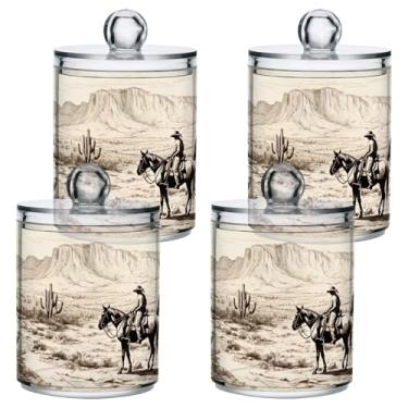 Imagem de ATTX Dispensador de suporte Qtip Western Cowboys para bola de algodão, cotonete, frasco de boticário de plástico transparente, pote de armazenamento de cozinha para decoração de casa, pacote com 4