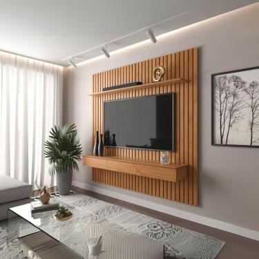 Imagem de Painel Ripado Para Tv Até 55” Home Antares Nicho 3 Gavetas E Prateleira Fixação Na Parede Patrimar Cinamomo