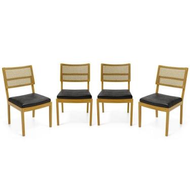 Imagem de Kit Com 4 Cadeiras Milena Madeira Maciça Assentos Estofados Encostos De Tela Palha Sextavada Courino Preto 503