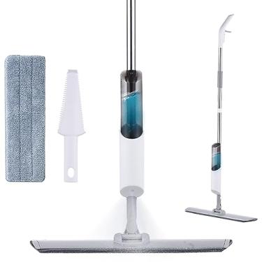 Imagem de Mopa com spray para limpeza de pisos úmida e seca 360 graus garrafa d água recarregável 270ml 2 panos microfibra laváveis 1 escovão sprayer plana madeira dura azulejos casa cozinha