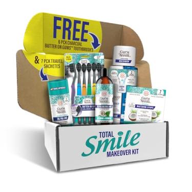 Imagem de GuruNanda Total Smile Makeover Kit carvão com extração de óleo de cocomint, enxaguante bucal de clareamento de barril duplo, tiras de clareamento e manteiga de carvão em escovas de dentes de gengiva