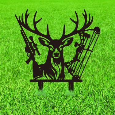 Imagem de WADORN Estacas de jardim decorativas de metal para caça de veado, rifle de veado preto, flecha, estátua ao ar livre, silhueta, engraçada, animal, amante de caça, presente para decoração de jardim