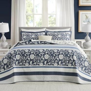 Imagem de FineStichery Colchas Queen extragrandes 102 x 120, 100% algodão, estampa floral de fazenda, reversível, leve, conjunto de cama com 2 fronhas, azul/azul escuro/branco