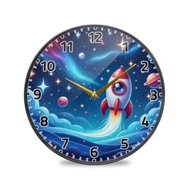 Imagem de WELLDAY Relógio de parede sem tique-taque de 25,4 cm - foguete espacial azul operado por bateria relógio redondo silencioso para casa/escritório/cozinha/sala de aula