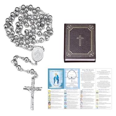 Imagem de FaithHeart Rosário católico para mulheres, colar em Y de aço inoxidável virgem maria para mulheres, presentes católicos com cartão de oração do terço e caixa de presente, Aço inoxidável, Sem Pedra