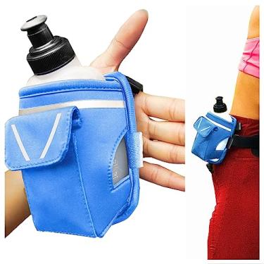 Imagem de "2 em 1 Running Fun" - Garrafa de água azul portátil de 350 ml e complemento de cinto de corrida - Tiras na sua mão ou desliza no cinto! Bolso impermeável para dinheiro, chave, identidade - maximiza seu tempo, liberdade, saúde!