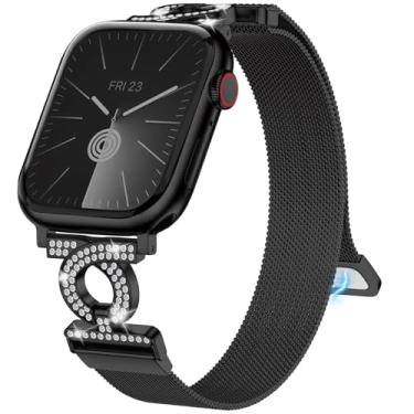 Imagem de wutwuk Compatível com Apple Watch correia de 41 mm 40 mm 38 mm correia ajustável de aço inoxidável com fecho magnético e diamantes para iWatch SE (2)/9/8/7/6/5/4/3/2/1 preto