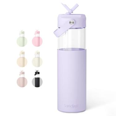 Imagem de Garrafa de água de vidro com manga de silicone e tampa de canudo de 590 ml para meninas e mulheres, garrafas de vidro para viagem, casa, academia, esportes (roxo)