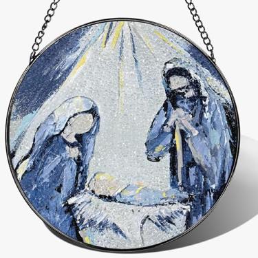 Imagem de LAOWEIKI Ornamento de presépio de vitral de 20 cm, pendurado em vitral, enfeite de feriado religioso, decoração de família sagrada, presente para Natal, presentes religiosos, presentes cristãos