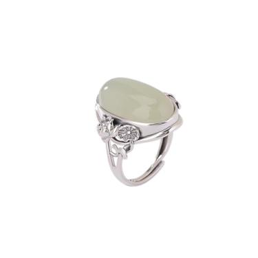 Imagem de vinsiora Anel feminino sintético verde claro com pedra preciosa - pulseira banhada a prata com design floral retrô de lótus em estilo chinês acessório de joias modernas, Banhado a prata, pedra