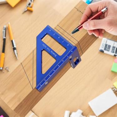 Imagem de Régua multiangular de liga de alumínio 3 em 1, quadrado e transferidor de madeira de 45/90 graus, ferramenta de medição de precisão para carpintaria e projetos DIY (azul)