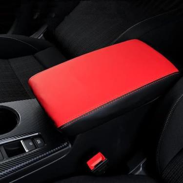 Imagem de boltry Painel de cobertura de caixa de apoio de braço para console central à prova d'água proteção de couro anti-riscos capa de decoração acessórios interiores para Honda Civic 2022 (couro preto + couro vermelho)