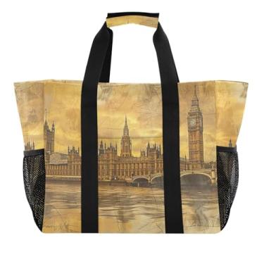 Imagem de ODAWA Bolsa de praia vintage London Buildings impermeável à prova de areia, bolsa de praia dobrável para compras de supermercado e uso diário, Edifícios Londres vintage, One Size