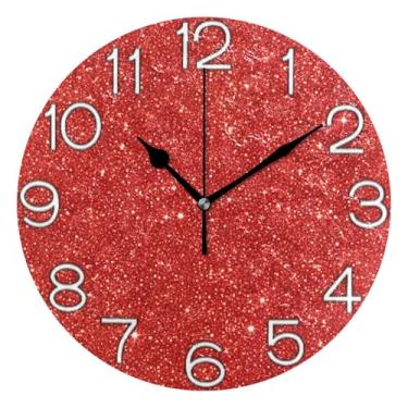 Imagem de Relógio de parede analógico decorativo com textura vermelha brilhante relógio de escritório cozinha estético silencioso sem tique-taque, decoração de sala de estar, arte moderna, 25 cm, ponteiros