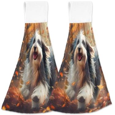 Imagem de TSENQUE Toalhas de cozinha de outono com estampa de cachorro fofo com laço para pendurar toalha de forno personalizada absorvente decorativo essencial de cozinha, conjunto de 2, 45 x 35 centímetros