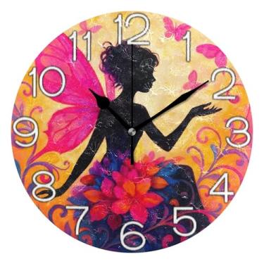 Imagem de GAIGEO Relógio de parede decorativo analógico escritório cozinha relógio divertido alimentado por bateria, decoração de parede vintage, sala de estar, flores de asas rosa fada, 25 cm, ponteiros pretos