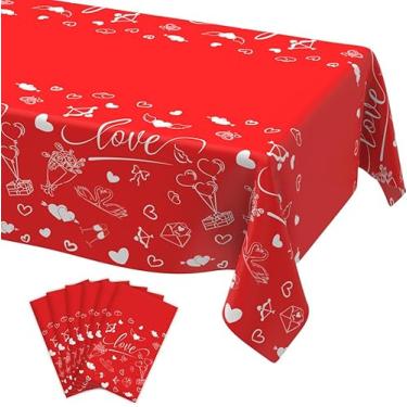 Imagem de 6 peças de toalha de mesa para Dia dos Namorados, 137 x 272 cm, capa de mesa vermelha descartável, retangular de plástico, coração de amor, para decoração de festa de aniversário de casamento, dia dos