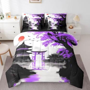 Imagem de Jogo de cama japonês com 7 peças, solteiro, sol, flor de cerejeira, aquarela, preto, roxo, montanha, Sakura, floral, para meninas, adultos e mulheres, conjunto de cama de anime e tinta chinesa