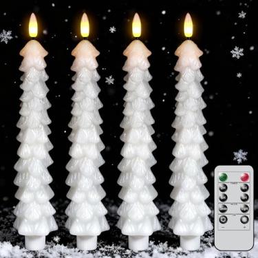 Imagem de GenSwin Velas de árvore de Natal sem chama com temporizador remoto, velas afuniladas de LED para árvore de Natal branca com chama cintilante 3D, 4 peças de castiçais de LED para decoração de casa de