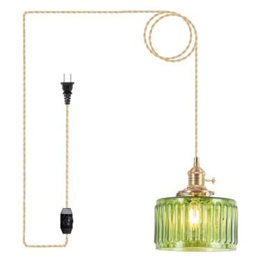 Imagem de Luminárias pendentes de vidro retrô, luminária suspensa plugue, luminária pendente vintage com abajur de vidro verde para cozinha, ilha, quarto, sala de jantar, sala de estar, cabeceira - diâmetro 17
