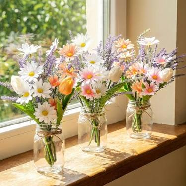 Imagem de FineCheer Pacote com 3 flores falsas de primavera em vaso artificial lavanda tulipa margarida e vaso de vidro decoração de garrafa arranjo floral decoração de mesa para sala de estar, escritório, casa