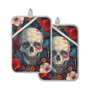 Imagem de Conjunto de 2 pegadores de panela de flores de crânio, tapetes quentes acolchoados resistentes ao calor para panelas e frigideiras para luvas de forno de cozinha