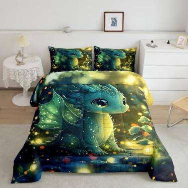 Imagem de Feelyou Conjunto de edredom queen com dragão, para meninos e meninas, adolescentes, kawaii, decoração de quarto, verde brilhante