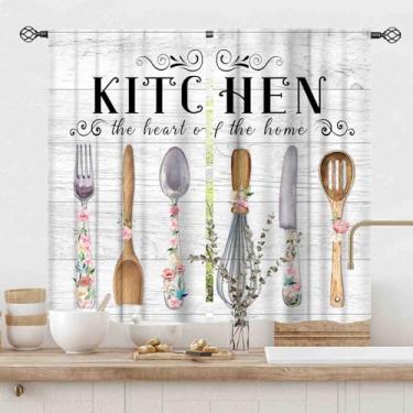 Imagem de Farmhouse Kitchen Curtians, garfo e colher floral rústico tábua de tábua de madeira tema de cozinha country vintage fofo café pequena janela curta cortina tratamentos para quarto sala de estar, 139 x