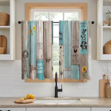 Imagem de DOTOOMA Cortinas de cozinha rústicas de 66 x 91 cm azul animais de madeira vaca girassol galinha porco cabine amor viver aqui moinho de vento fazendeiros mercado decoração café janela tratamentos