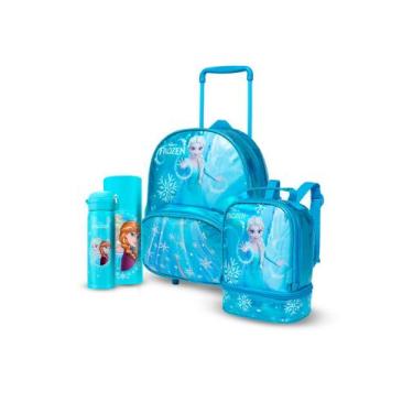 Imagem de Kit Mochila Garrafa Lancheira Escolar Disney Infantil Rodinha Frozen