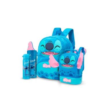 Imagem de Kit Mochila Disney Lancheira Garrafa Pelucia Escolar Stitch