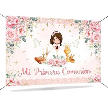 Imagem de Mocsicka Banner Mi Primera Comunion First Communion Baptism Backdrop for Girls Pink Floral God Bless Christening Photography Background Banner Decorações Photo Booth Adereços 70,8 x 43,3 polegadas
