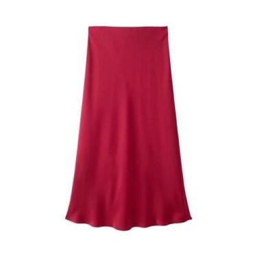 Imagem de Saia Midi De Cetim Preta De Cintura Alta Para Mulheres, Elegante, Long