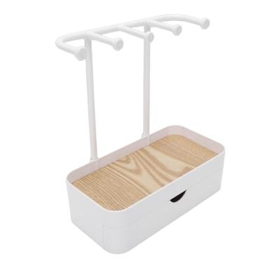 Imagem de Brrnoo Organizador de Joias Com Gaveta, Bandeja de Madeira e 5 Ganchos, Colar, Pulseira, Brinco, Expositor, Com Design Destacável para Cômoda, Mesa de Cabeceira (Branca)