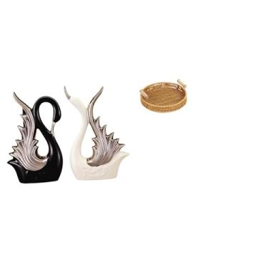 Imagem de Whtkoph Escultura de Mesa com Figuras de Cisnes em Cerâmica E Cesta de Frutas Trançada, Ideal para Estante, Aniversário, Lareira Ou Como Tigela para Servir Pe