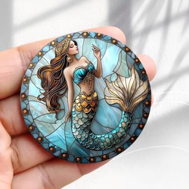 Imagem de Ímã de geladeira vintage sereia design medalhão de vitral -5,8 cm adesivo de geladeira redondo acrílico decoração retrô presente tamanho perfeito para geladeira, armário ou qualquer superfície